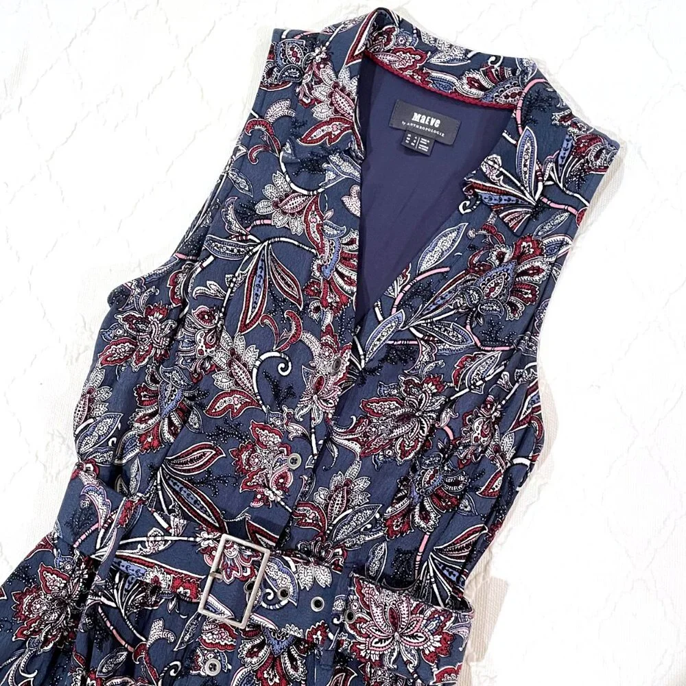 Anthropologie Maeve Calia Sleeveless Belted Shirtdress Blue White Size 0 - Picture 6 of 11